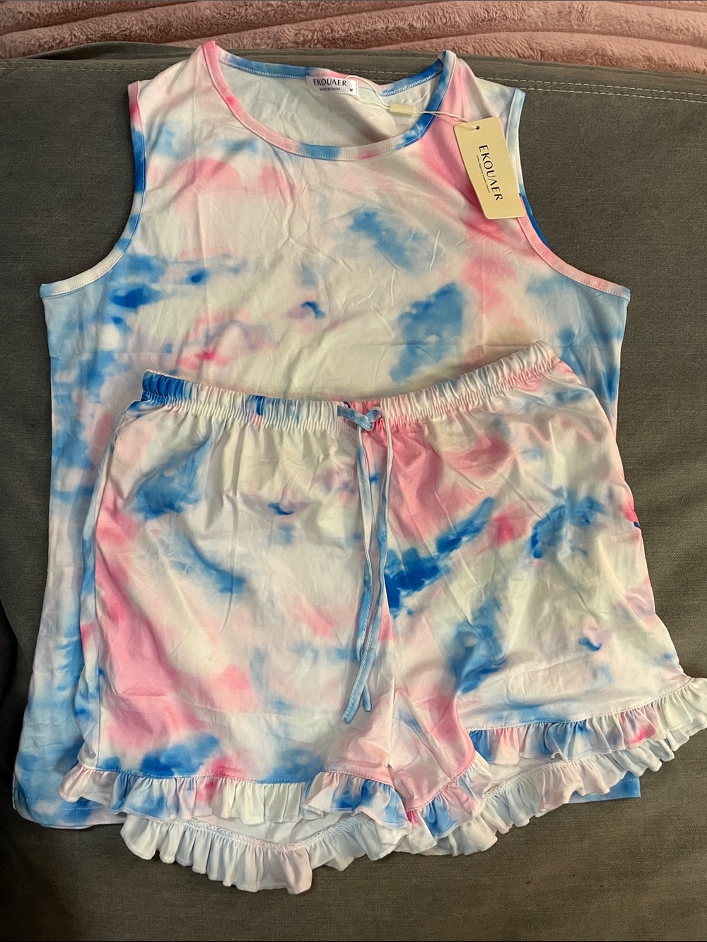 Ekouaer Pastel Tie-Dye Ruffle Tank & Shorts Set - Pink & Blue